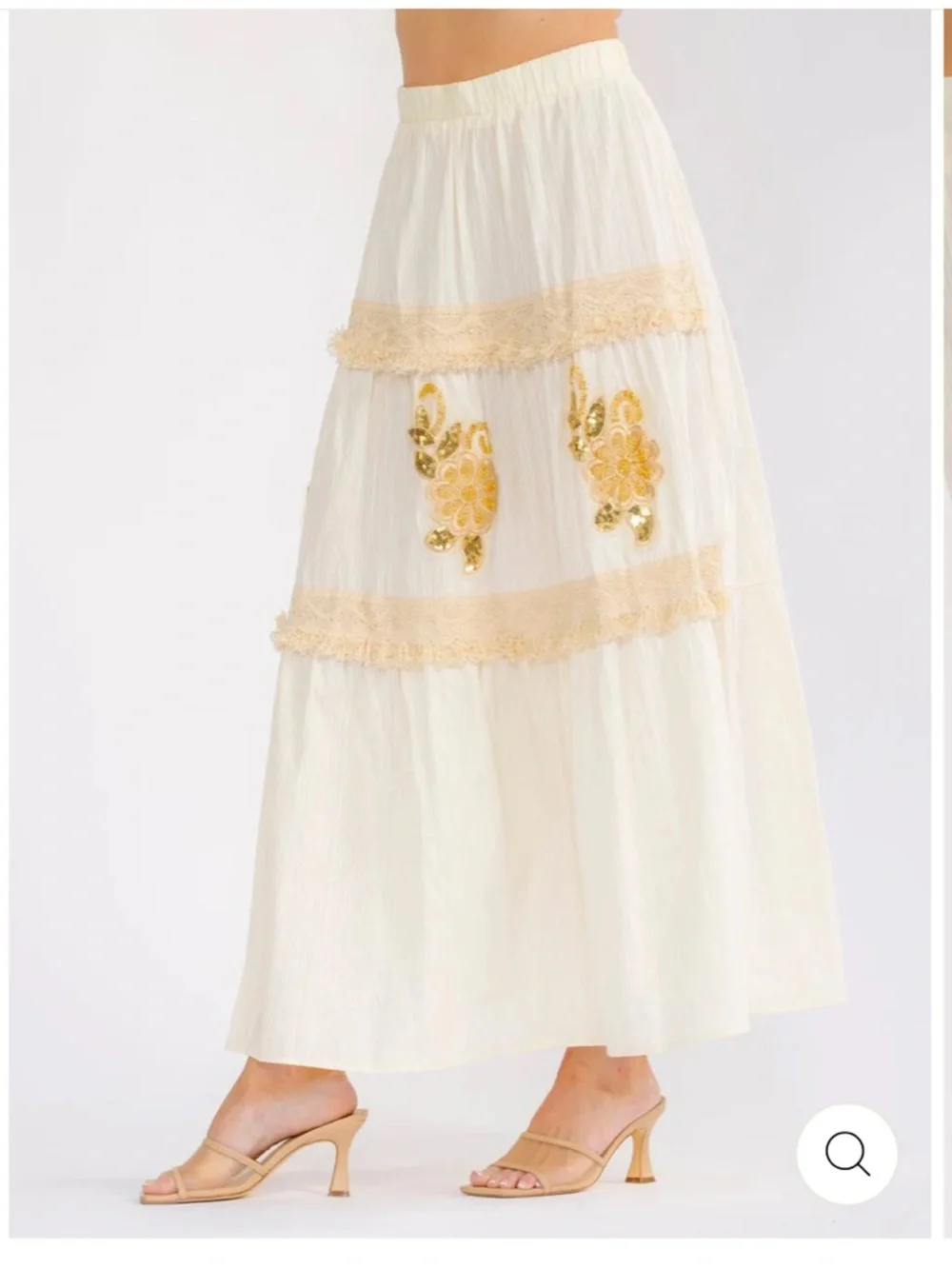 Bohemian womans White Maxi Skirt with Gold Embroidery Size S-M-L